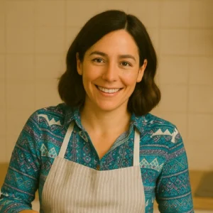 Portrait of Emily Parker, founder of FlavourRecipe, smiling in a kitchen setting while wearing a brown shirt and beige apron