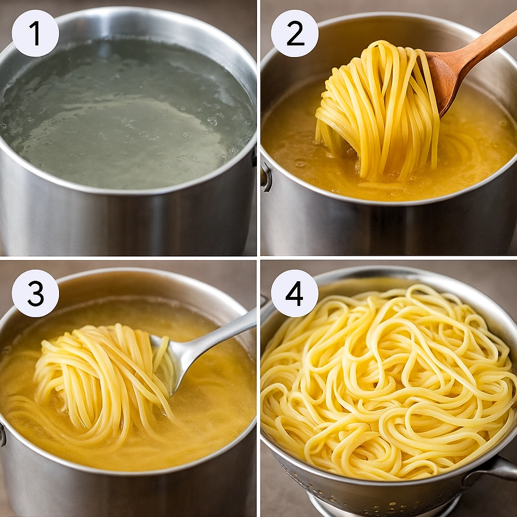 40f2882b-4383-41c0-86ca-f8f39bdb6c49_result Step-by-step cooking process for Pasta al Pesto showing boiling water, cooking linguine, and draining pasta