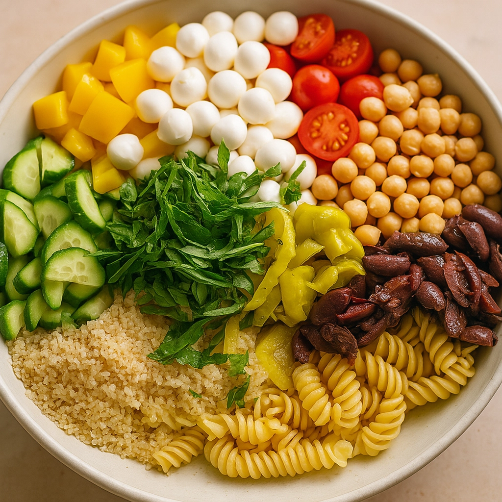 453b37ce-0dbc-4e8c-9fa2-36b3205e3354_result protein pasta salad ingredients laid out flat