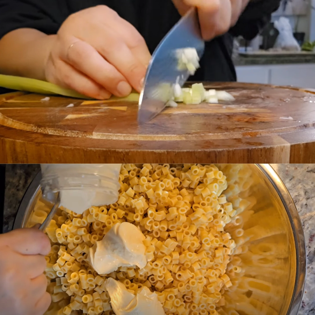 mixing-mexican-macaroni-salad Mixing Mexican macaroni salad with lime mayo