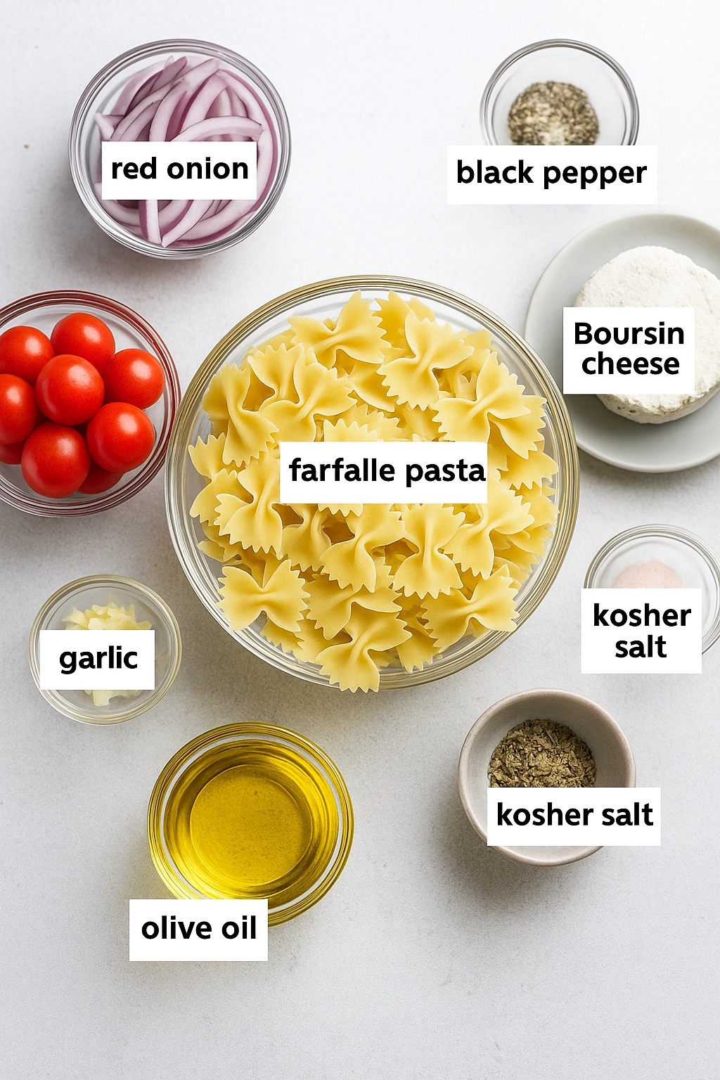 Ingredients for boursin pasta including cheese, tomatoes, pasta, and basil Ingredients for boursin pasta including cheese, tomatoes, pasta, and basil