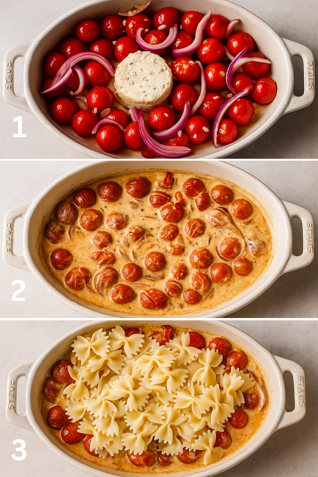 Step-by-step process of making boursin pasta with roasted tomatoes and melted cheese Step-by-step process of making boursin pasta with roasted tomatoes and melted cheese