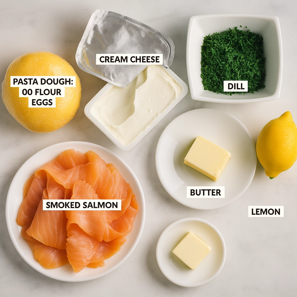 Mezzaluna Pasta Recipe Ingredients Mezzaluna Pasta Recipe ingredients with flour, eggs, salmon, and ricotta