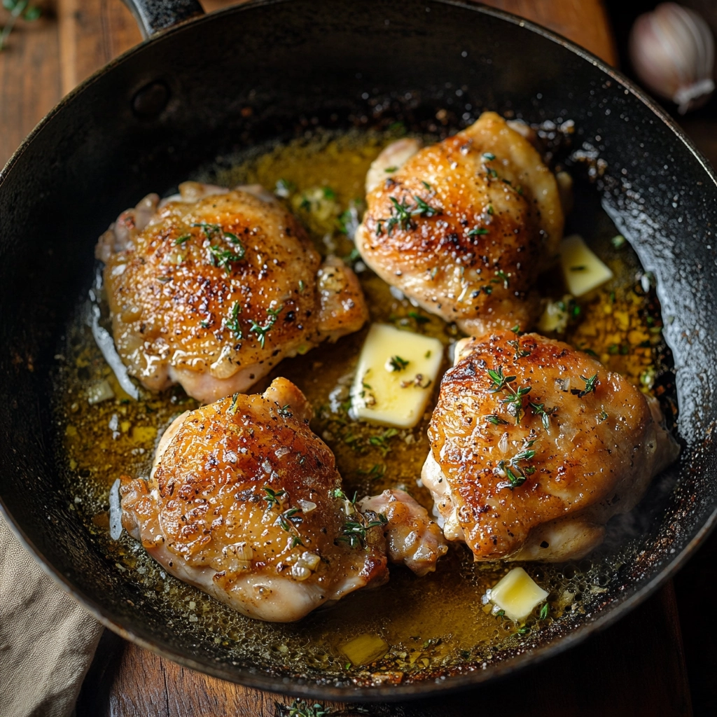 Golden seared chicken pieces cooking in a skillet_result Chicken pieces seared to golden brown in skillet for garlic parmesan chicken pasta