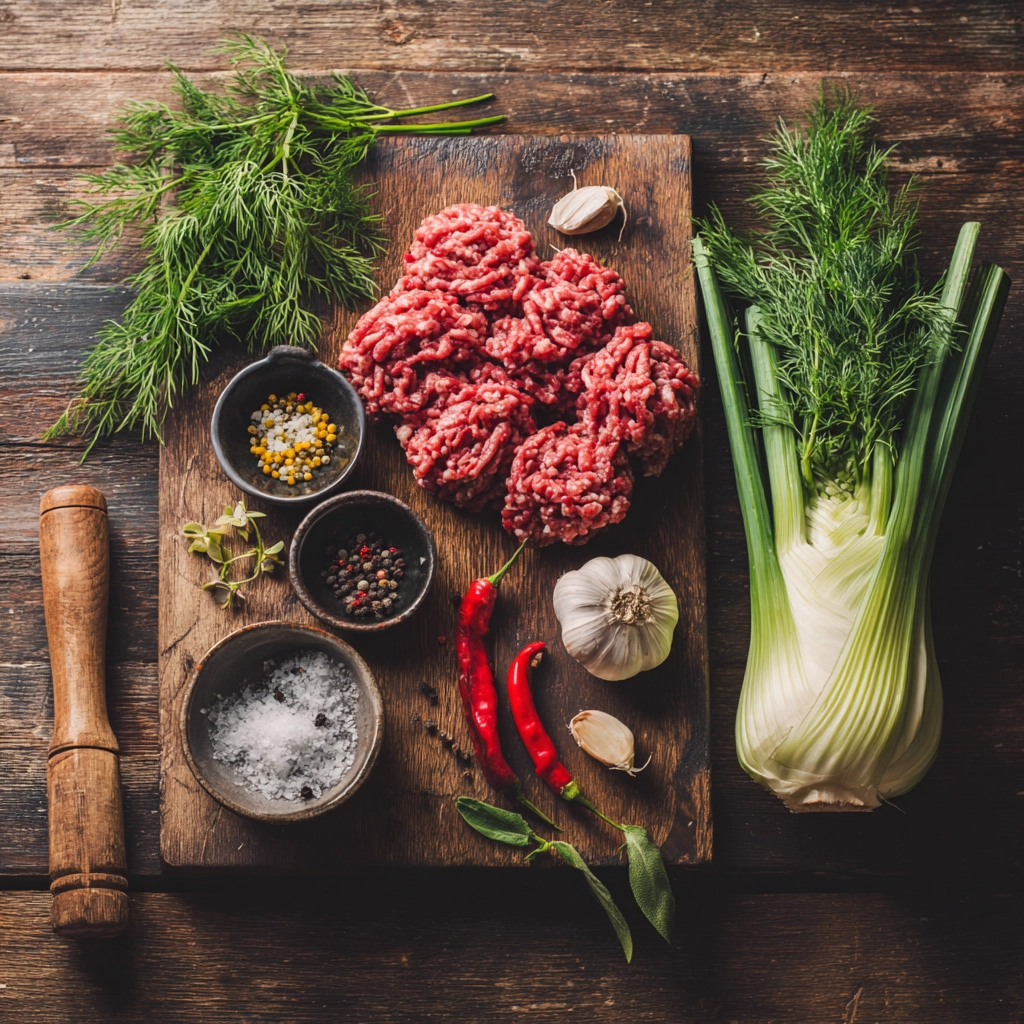 Ingredients for Italian-style beef sausages Ingredients for Italian-style beef sausages
