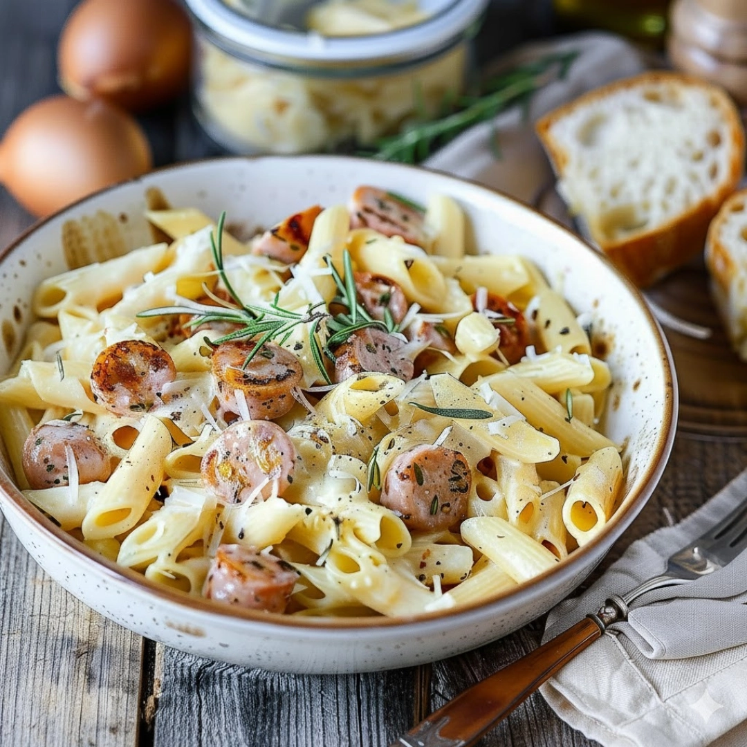 Delicious creamy kielbasa pasta recipes served with cheese and penne