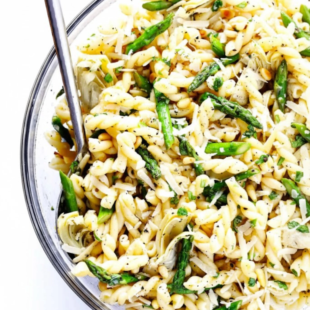 Lemon Artichoke Pasta Salad served fresh in a bowl