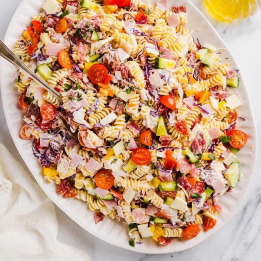 Grinder Pasta Salad in a large white bowl with deli meats and fresh veggies