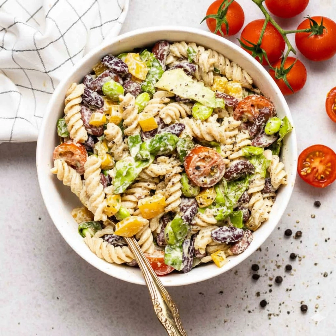 protein pasta salad with chickpeas and cheese in bowl