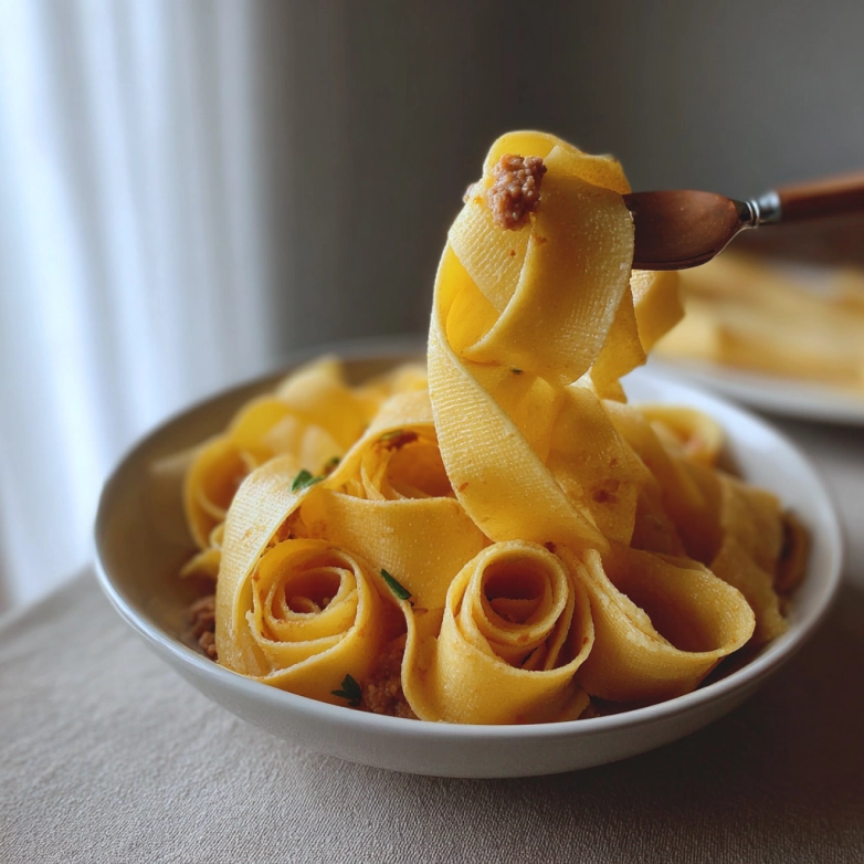 fresh pappardelle pasta nests on wooden bench