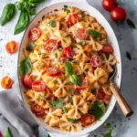 Creamy boursin pasta with roasted tomatoes and herbs in a white casserole dish