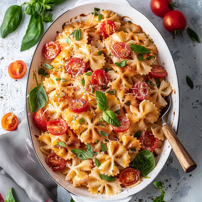 Creamy boursin pasta with roasted tomatoes and herbs in a white casserole dish