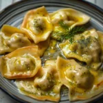 Mezzaluna pasta with eggplant sauce