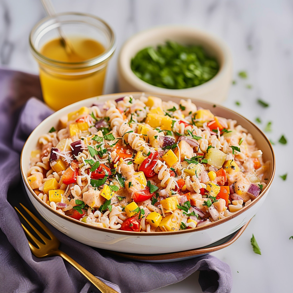 Grinder Pasta Salad in a large white bowl with deli meats and fresh veggies