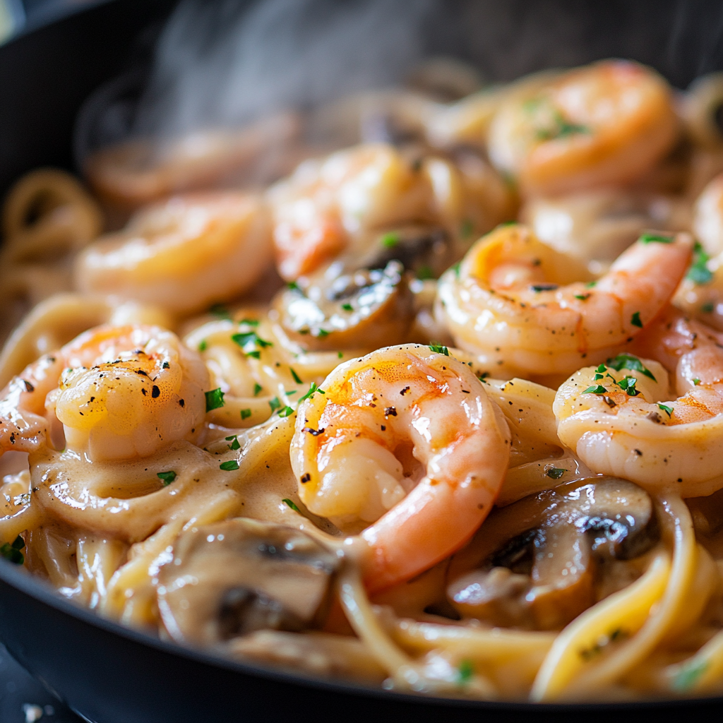 best-shrimp-mushroom-pasta-tossed Shrimp mushroom pasta mixed in creamy sauce