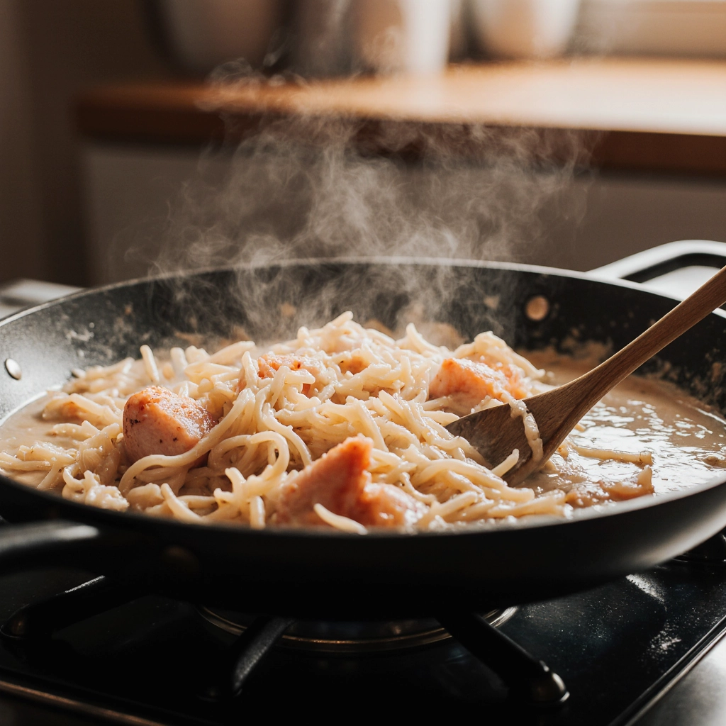 close-up_action_shot_of_a_creamy_salmon_pasta_being_stirred_in_a_large_skillet_with_a_wooden_spoon__9ejxl41qgkms4knk5zag_3_result cooking creamy salmon pasta recipe
