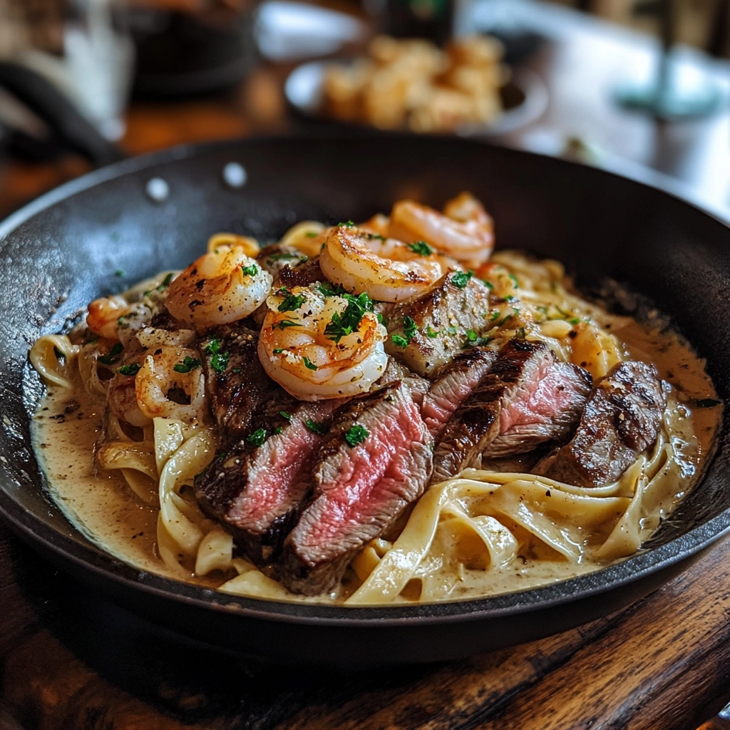 cooked-steak-shrimp-pasta Steak and shrimp pasta cooking in a pan