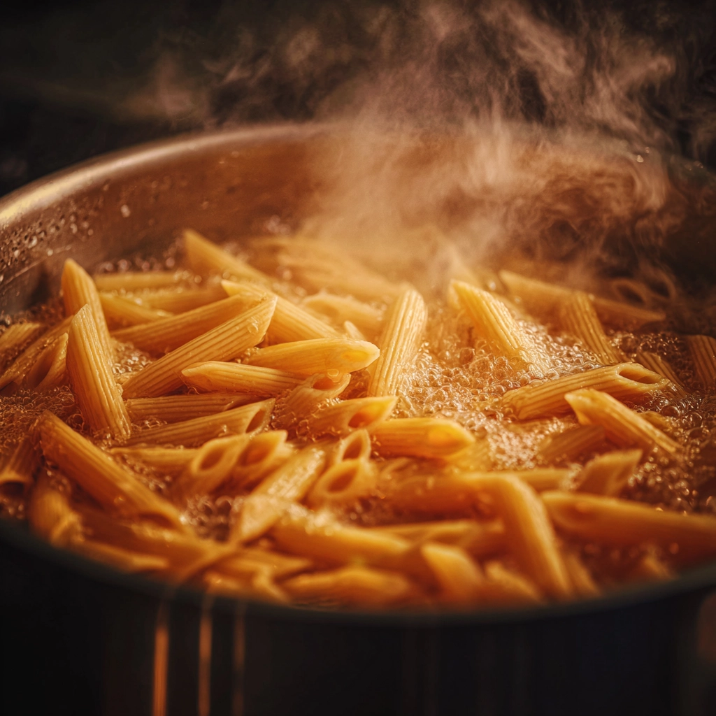 cooking-penne-pasta Cooking penne pasta for Alfredo sauce.