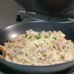 Creamy Beef and Bowtie Pasta served with Alfredo sauce