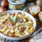 Delicious creamy kielbasa pasta recipes served with cheese and penne