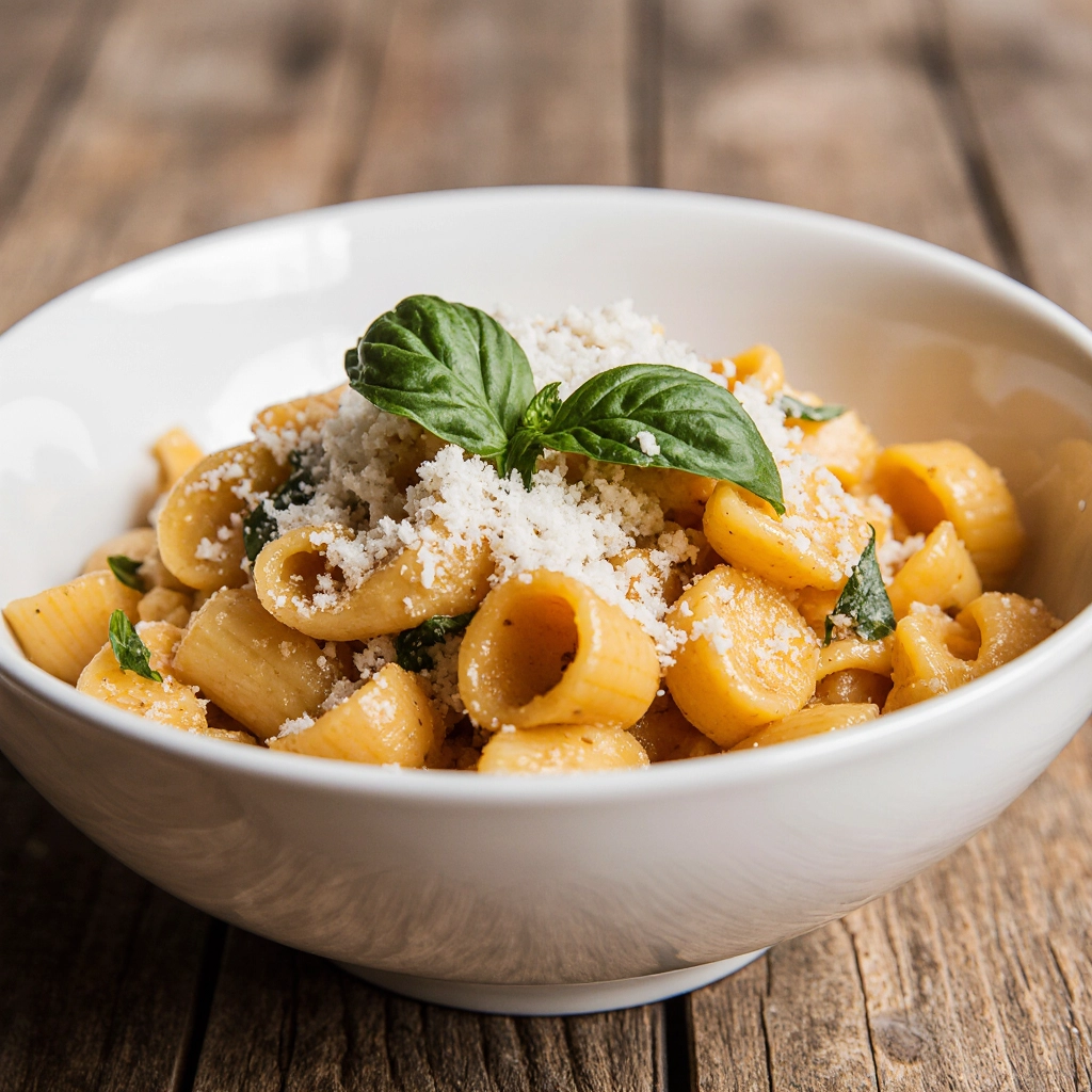 Ditalini pasta served in a bowl with basil and cheese