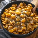 French onion pasta in bowl with herbs and onions