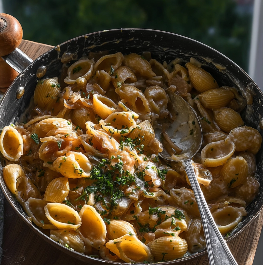 french-onion-pasta-featured (2) French onion pasta in bowl with herbs and onions