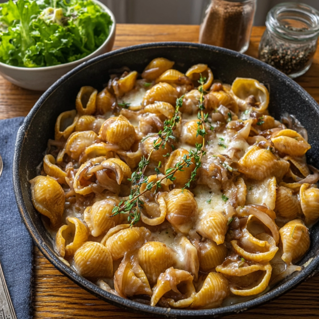 french-onion-pasta-featured (3) French onion pasta in bowl with herbs and onions