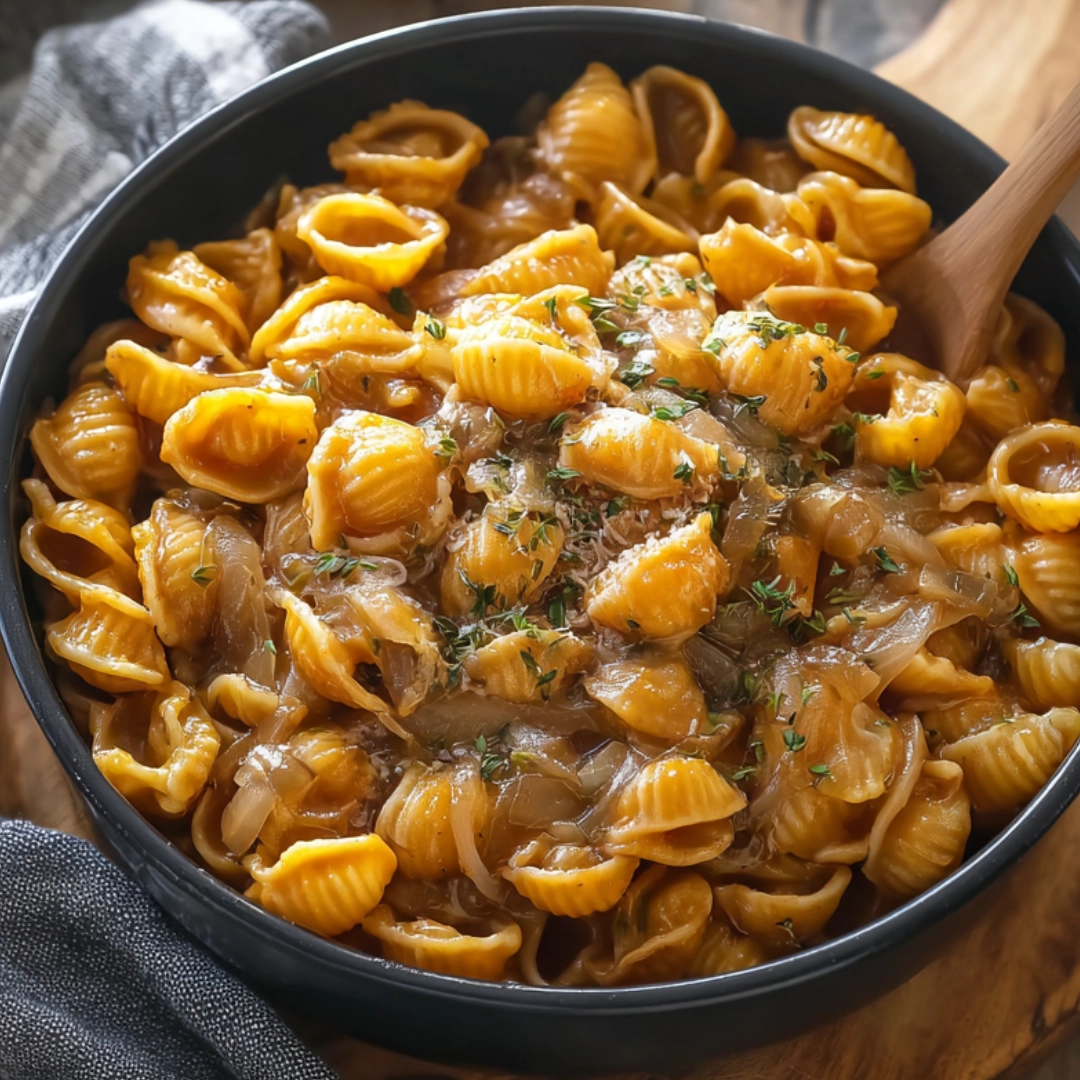 French onion pasta in bowl with herbs and onions