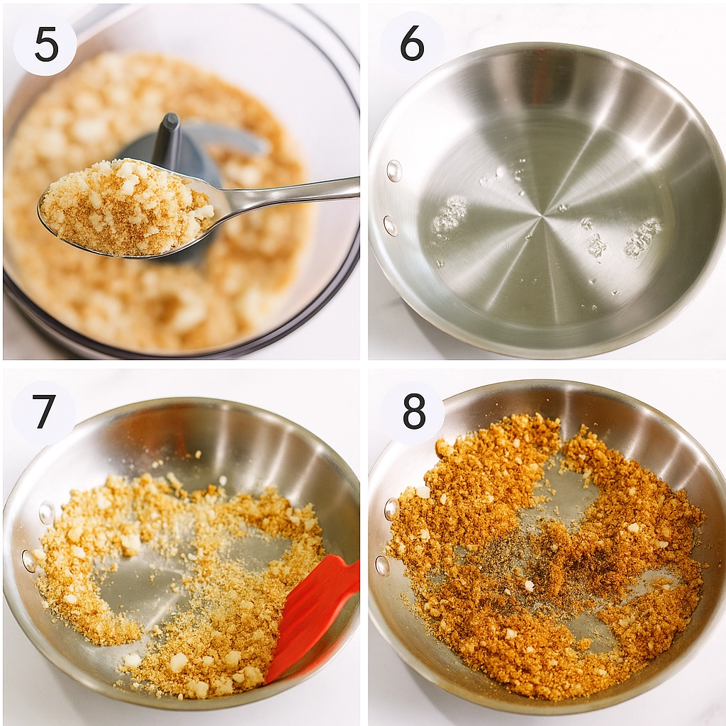 garlic-breadcrumbs-for-pasta-al-pesto Step-by-step process for making garlic breadcrumbs for Pasta al Pesto using a food processor and skillet