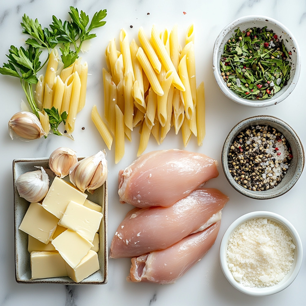 garlic-parmesan-chicken-pasta-ingredients_result Ingredients for garlic parmesan chicken pasta including chicken, garlic, cream, and parmesan