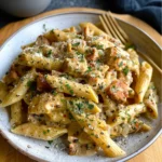 Garlic parmesan chicken pasta served hot on a rustic table with creamy sauce and seared chicken