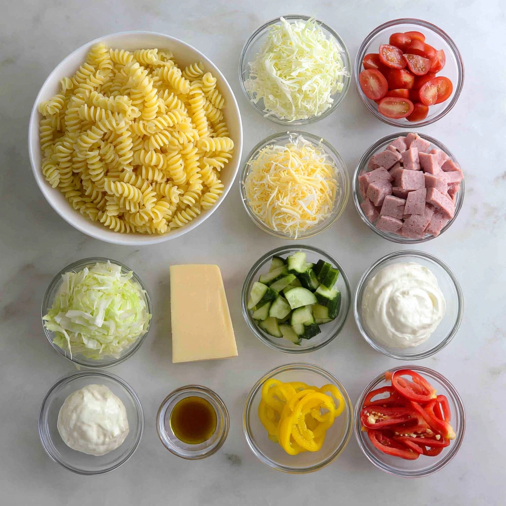 grinder-pasta-salad-ingredients.jpg Ingredients for Grinder Pasta Salad including pasta, deli meats, and veggies