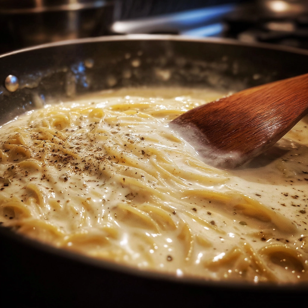 homemade-alfredo-sauce Homemade Alfredo sauce for penne pasta.