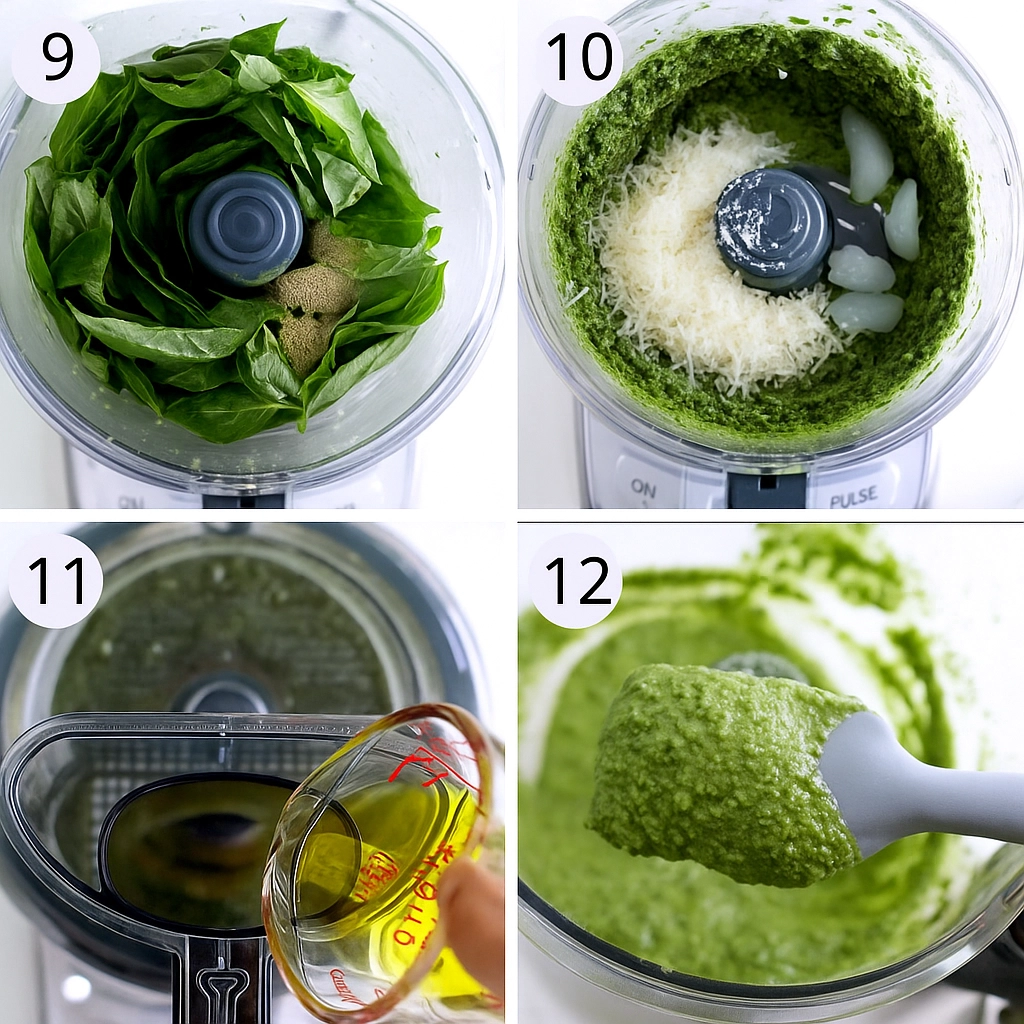homemade-basil-pesto-for-pasta-al-pesto Step-by-step process of making homemade basil pesto for Pasta al Pesto using a food processor