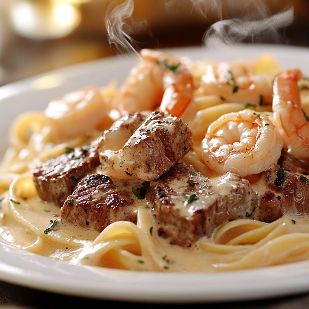 Kingsland steak and shrimp pasta served fresh on a plate