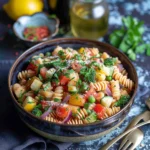 Lemon Artichoke Pasta Salad served fresh in a bowl
