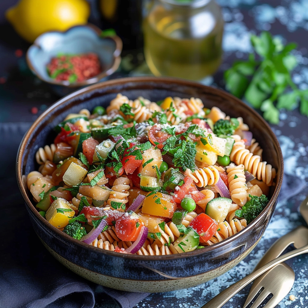 Lemon Artichoke Pasta Salad served fresh in a bowl