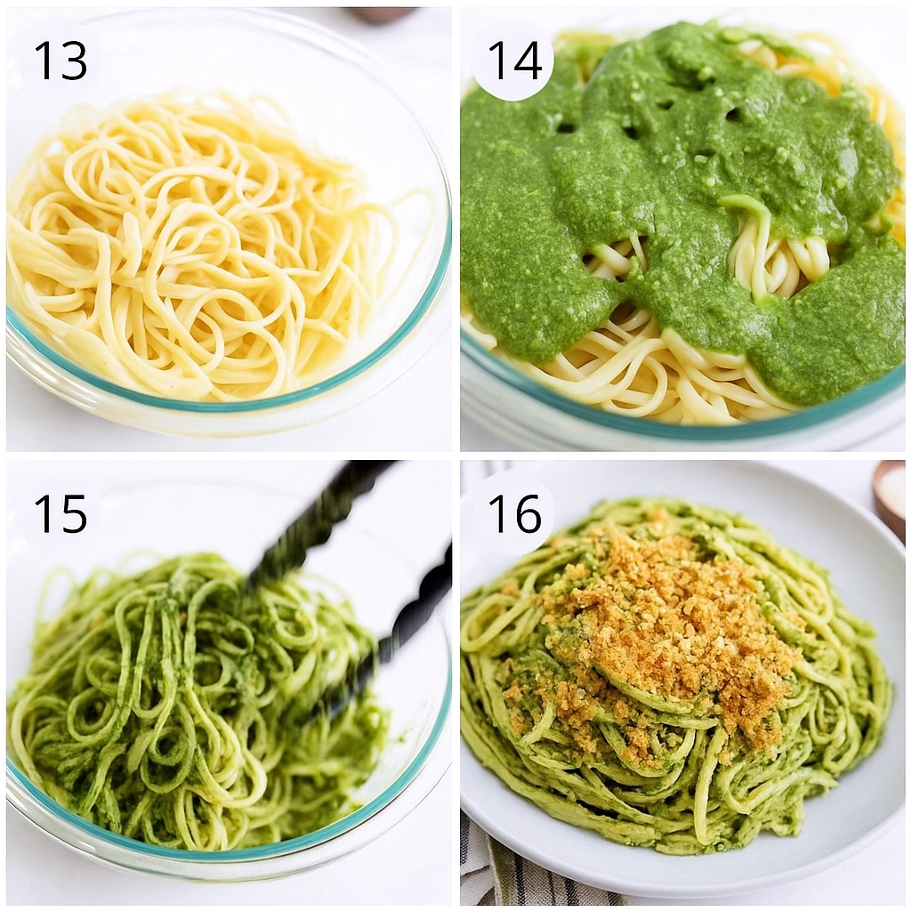 mixing-pasta-al-pesto-step-by-step Step-by-step images showing cooked pasta being mixed with homemade basil pesto and served