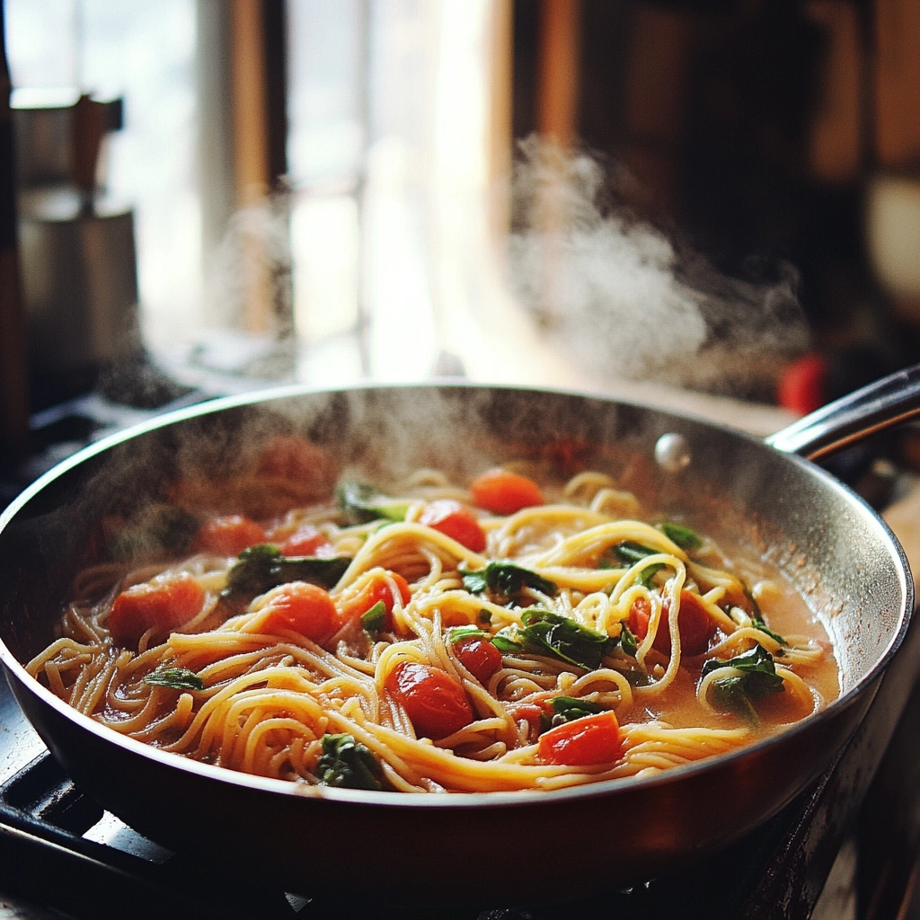 one-pot-meghan-markle-pasta One-pot Meghan Markle pasta cooking in skillet