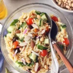 Orzo pasta salad with feta and fresh vegetables