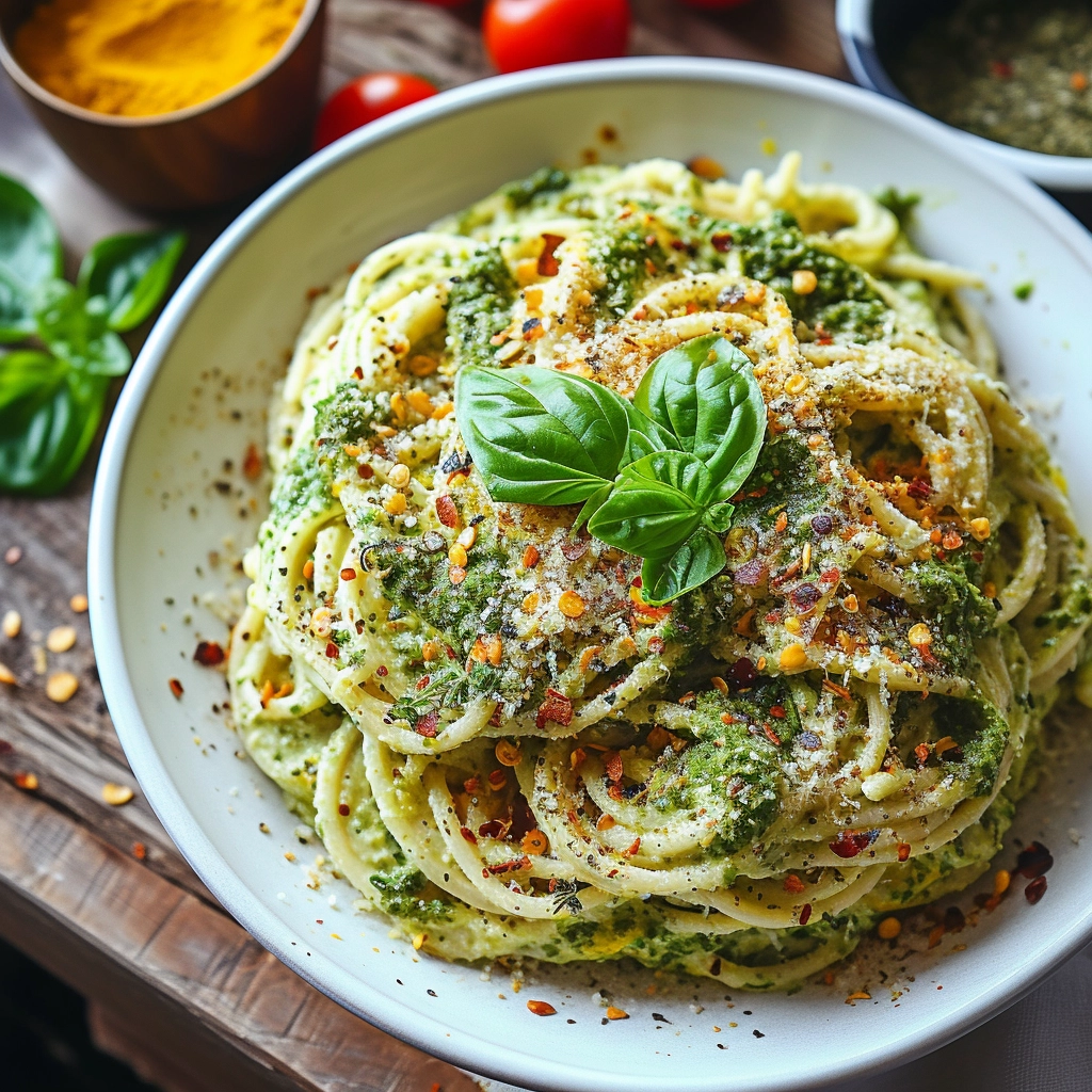 pasta-al-pesto-fresh-basil Pasta al Pesto topped with fresh basil leaves, garlic breadcrumbs, and red pepper flakes