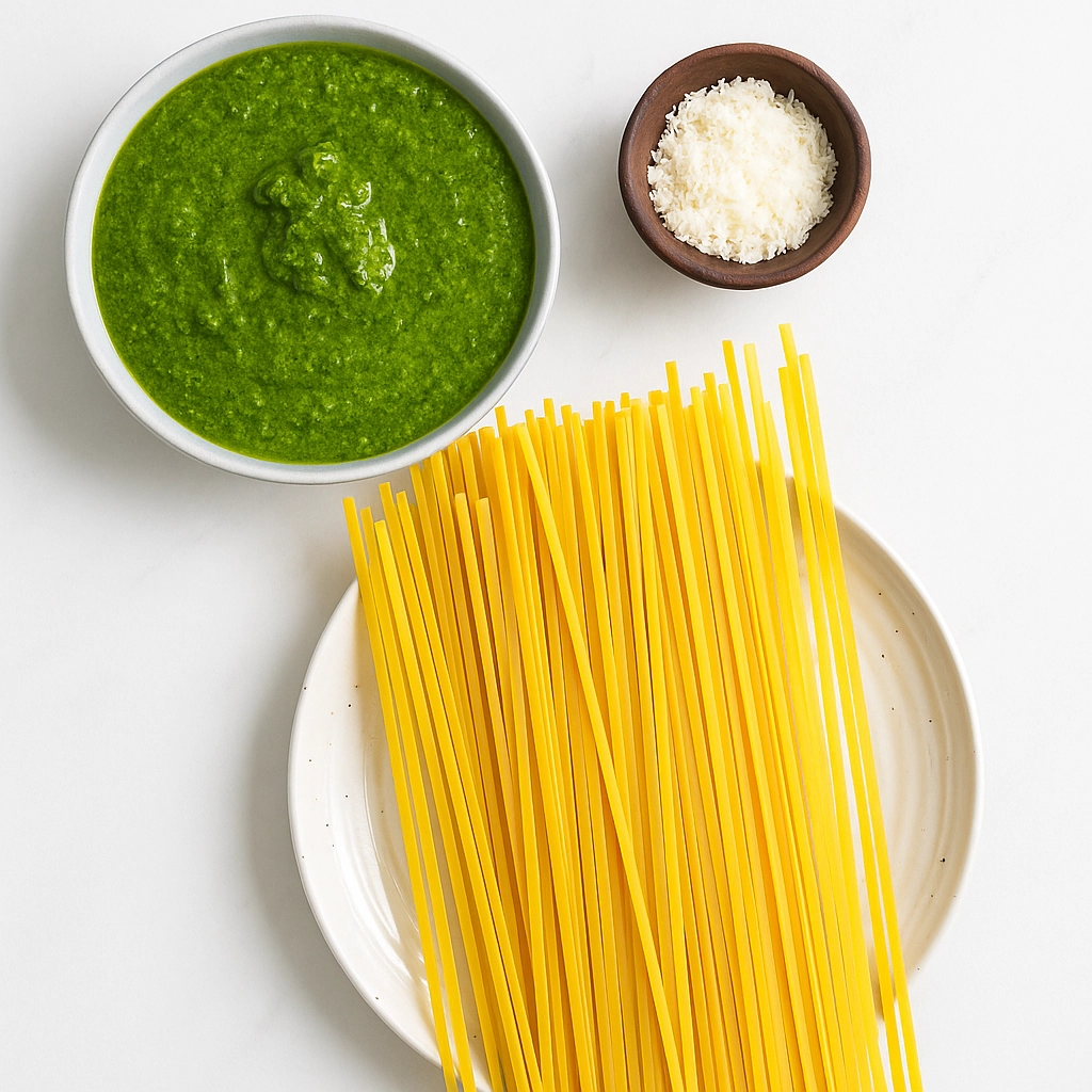 pasta-al-pesto-ingredients Ingredients for Pasta al Pesto including fresh basil pesto sauce, grated Parmesan cheese, and uncooked linguine