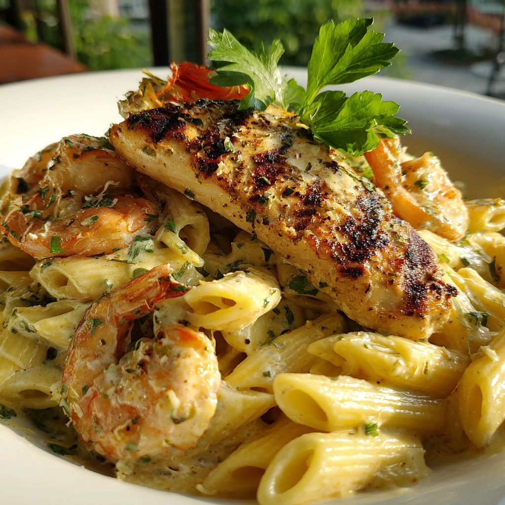 penne-alfredo-with-chicken-and-shrimp Penne pasta and Alfredo sauce with chicken and shrimp