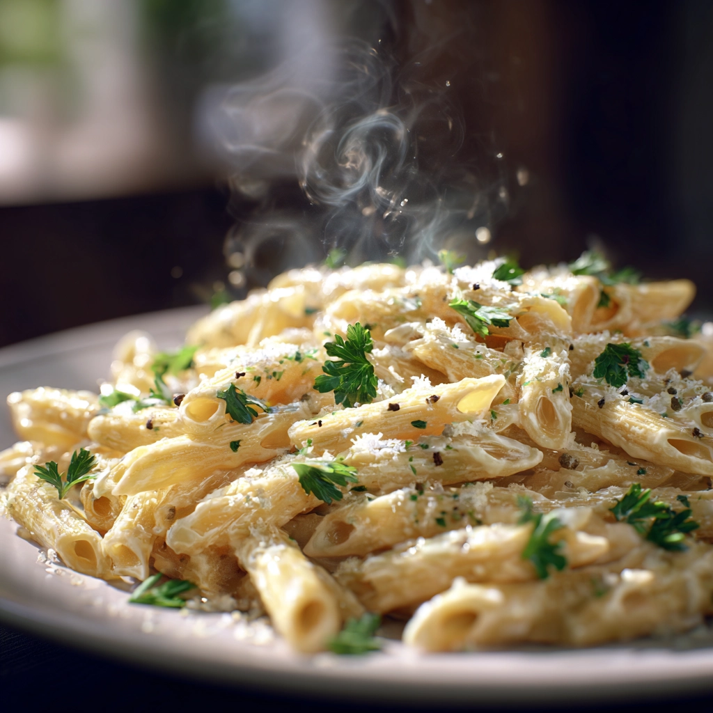 Delicious penne pasta and Alfredo sauce served fresh.