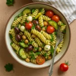 protein pasta salad with chickpeas and cheese in bowl