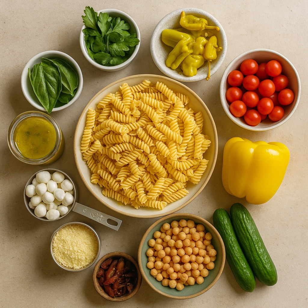 protein-pasta-salad-ingredients protein pasta salad ingredients laid out flat