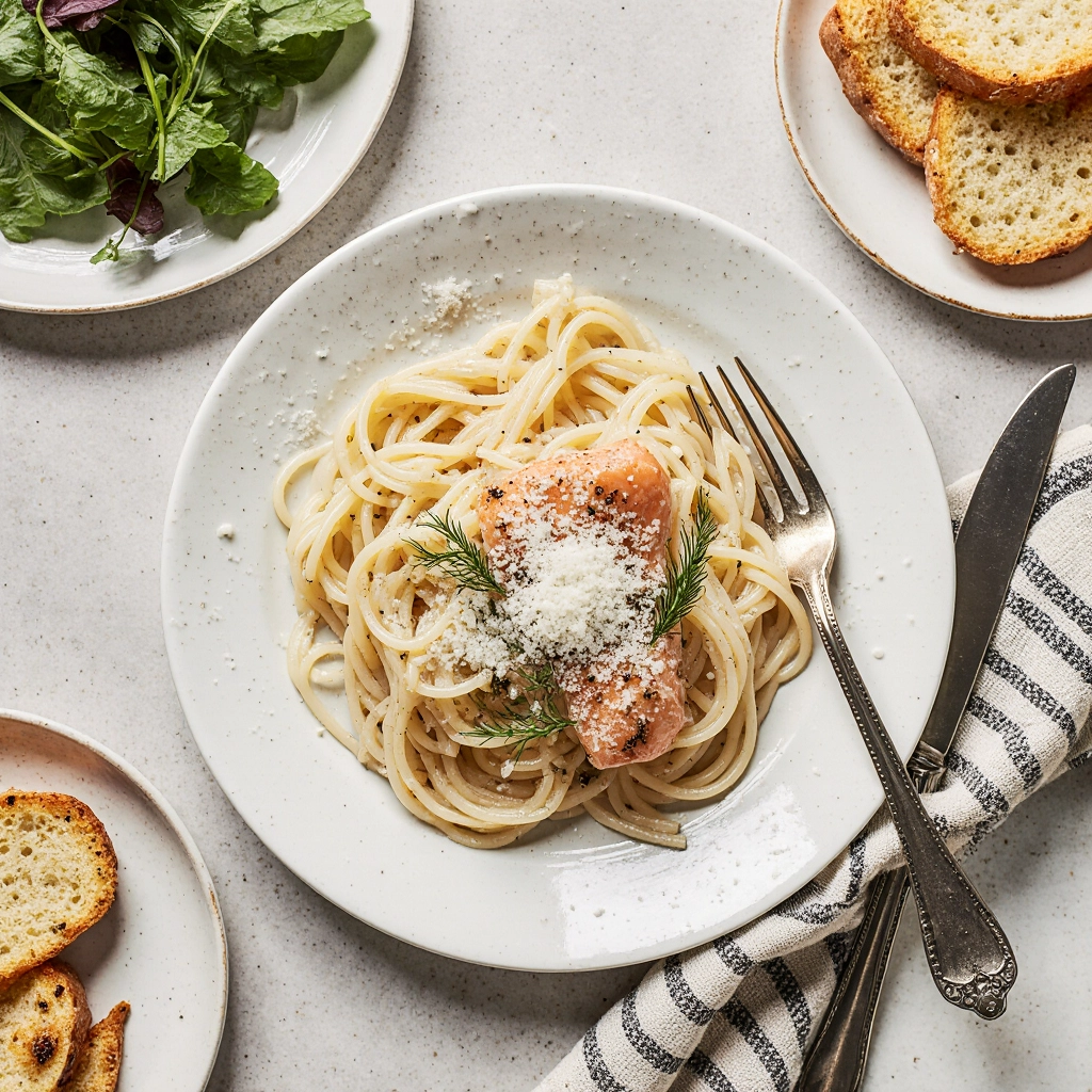 salmon-pasta-recipe-serving.jpg served salmon pasta recipe dinner