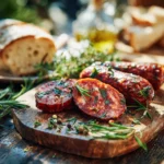 Beef sausages in Italian cuisine on rustic table