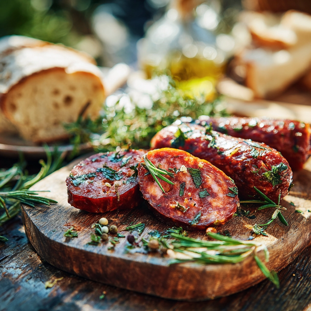 Beef sausages in Italian cuisine on rustic table